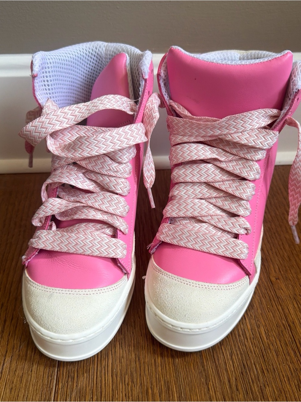 Women's Barbie Pink High-Top Sneakers with Patterned Laces